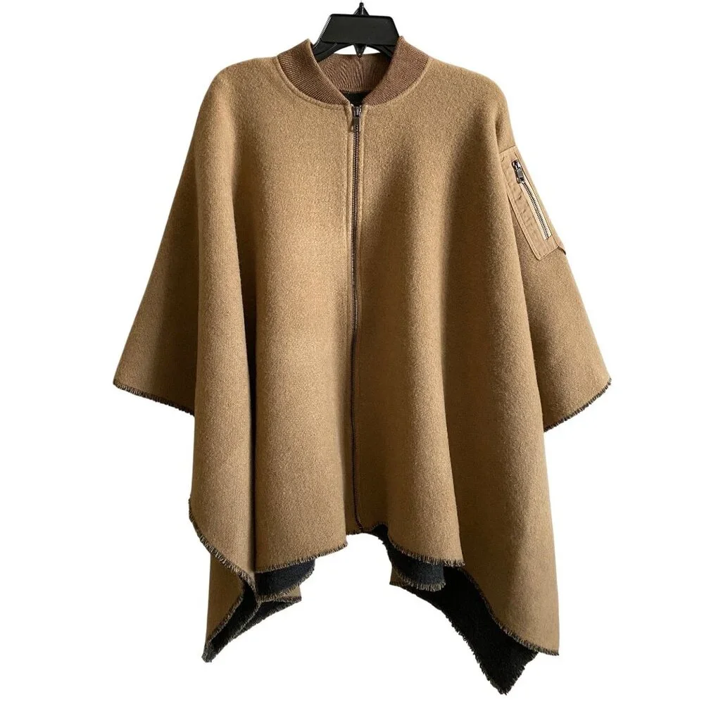 rag & bone Recycled Wool Bomber Poncho One Size Camel Brown Made in Italy - Picture 1 of 11